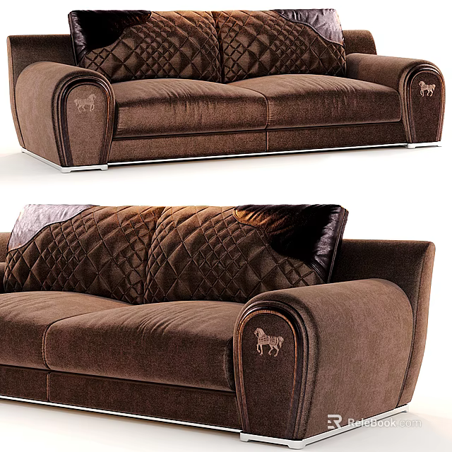 Brown Diamond Tufted Double Sofa With Decorative Armrest And Upholstered Design 3d model 