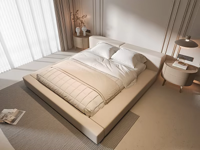 Minimalist Cream Double Bed Interior With Bedside Tables Lamp Soft Curtains And Rug 3d model