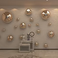 Luxury Minimalist Live Stream Room With Golden Sphere Decorations Marble Wall And Round Rug