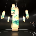 Art Installation Featuring Hanging Illuminated Lanterns With Green Blue Patterns Modern Design 3d model