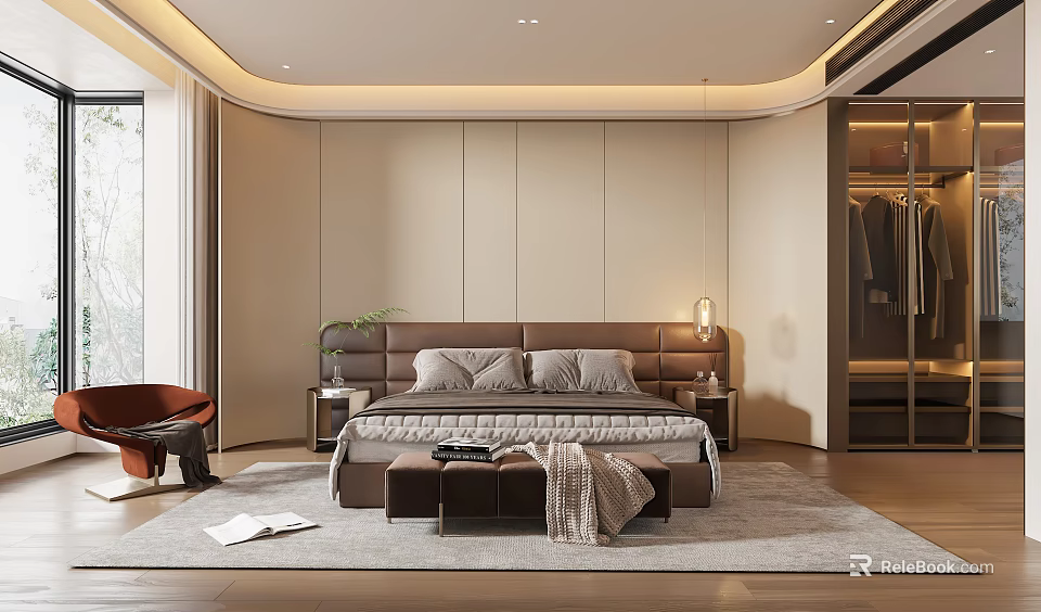 Modern Bedroom Interior With King Size Bed Upholstered Headboard Bench And Area Rug 3d model 