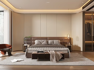 Modern Bedroom Interior With King Size Bed Upholstered Headboard Bench And Area Rug 3d model