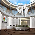 Modern Sales Office Interior Design With Wooden Walls Marble Staircase Ceiling Lights And Greenery