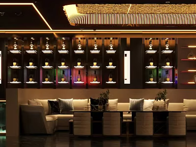 Modern KTV Lounge Interior Featuring Luxurious Sofa Colorful Lighting Comfortable Seating And Decorative Shelves 3d model