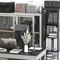 Modern Office Desk With Laptop Globe Lamp Books And Storage Cabinet