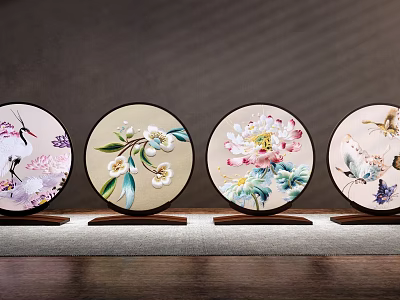Four Piece Chinese Embroidered Round Decorative Ornament Set with Floral Bird Patterns 3d model