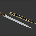 Vintage Long Sword With Red Handle And Black Gold Decorated Scabbard