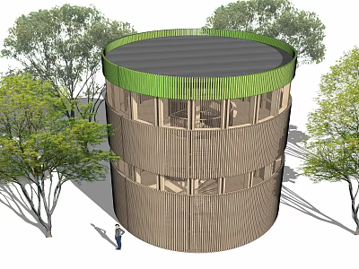 Modern Circular Tower With Green Roof And Wooden Facade Surrounded By Trees 3d model