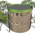 Modern Circular Tower With Green Roof And Wooden Facade Surrounded By Trees