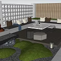 Modern Garden Landscape Design With Green Lawn Stone Pathway Seating Area And Water Feature