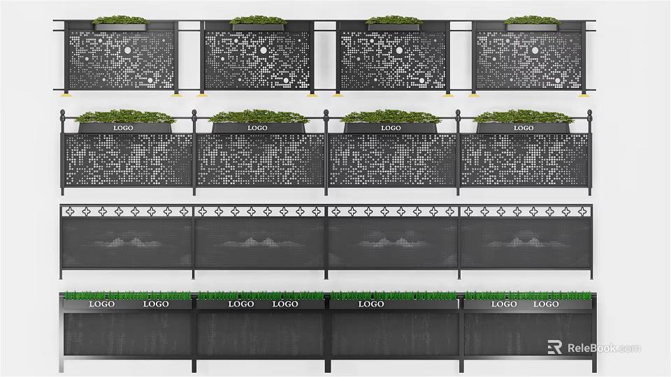 Decorative Fencing Panels With LOGO Patterns And Top Greenery Design 3d model