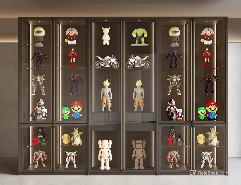 Modern Figure Display Cabinet With Various Collectible Figures And Glass Doors 3d model 