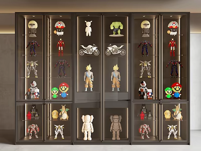 Modern Figure Display Cabinet With Various Collectible Figures And Glass Doors 3d model