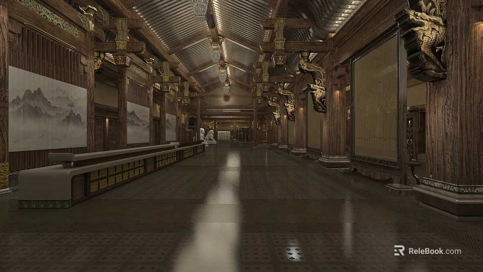 Ancient Grand Hall With Wooden Structure Gold Decorations Long Corridor And Hanging Paintings 3d model 