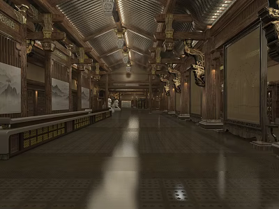 Ancient Grand Hall With Wooden Structure Gold Decorations Long Corridor And Hanging Paintings 3d model
