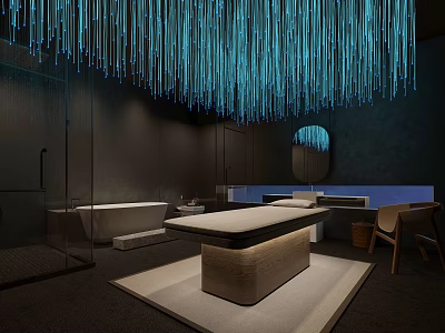 Modern SPA Sauna Interior With Blue Hanging Light Fixtures Bathtub And Massage Table 3d model