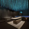 Modern SPA Sauna Interior With Blue Hanging Light Fixtures Bathtub And Massage Table