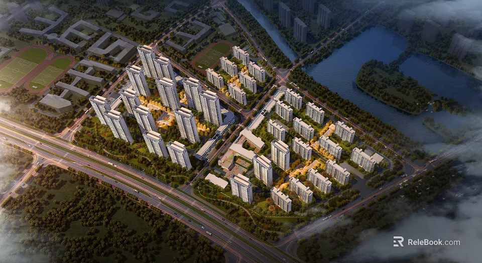 Aerial View Planning of Modern Residential District with High Rise Buildings Roads Green Spaces and Waterfront 3d model 