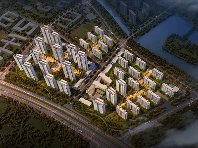 Aerial View Planning of Modern Residential District with High Rise Buildings Roads Green Spaces and Waterfront 3d model