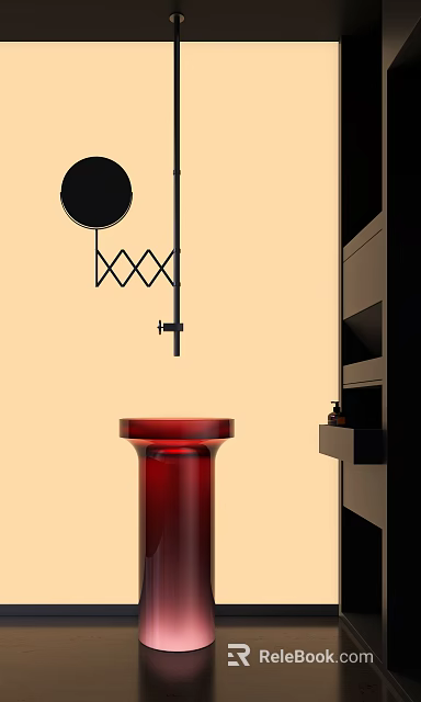 Stylish Modern Red Washbasin with Black Hanging Fixture and Side Cabinet in Minimalist Interior 3d model 