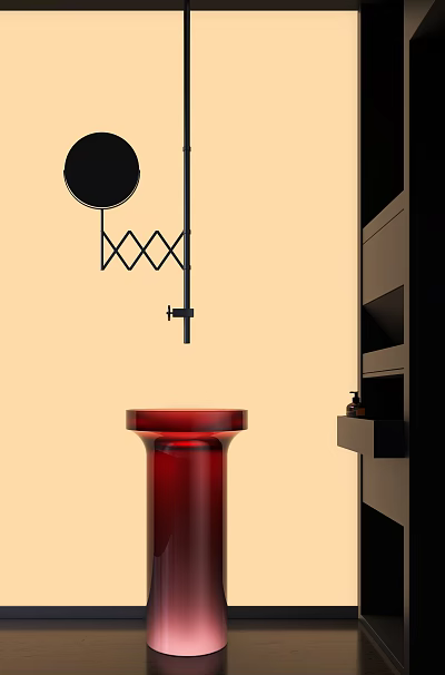 Stylish Modern Red Washbasin with Black Hanging Fixture and Side Cabinet in Minimalist Interior 3d model
