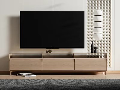 Modern Wooden TV Stand With Glass Top And Hanging Lamp In Living Room 3d model