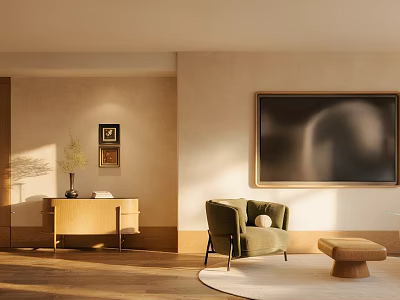 Modern Sofa Set Interior With Light Green Armchair Wooden Ottoman And Wall Art 3d model