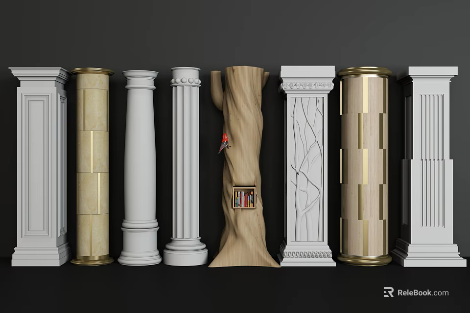 Classical and Modern Roman Columns with Marble Wood and Gold Decorative Details 3d model 
