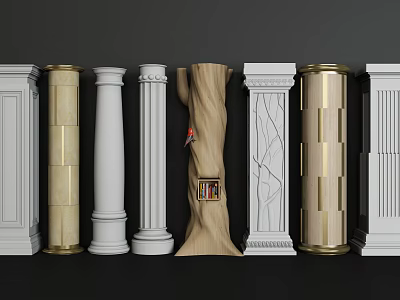 Classical and Modern Roman Columns with Marble Wood and Gold Decorative Details 3d model