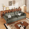 Green Leather Multi Seater Sofa With Checked LOVE Pillows Wooden Coffee Table In Living Room