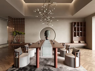 Serene Tea Room Interior with Long Wooden Table Comfortable Chairs and Zen Chandelier 3d model