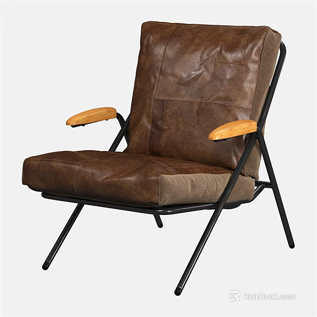 Brown Leather Single Sofa with Wooden Armrests and Black Metal Frame 3d model 