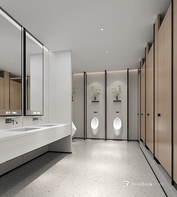 Modern Public Restroom Interior Design With Sink Counter Mirrors Urinals Plants And Wooden Stalls 3d model 