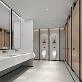 Modern Public Restroom Interior Design With Sink Counter Mirrors Urinals Plants And Wooden Stalls
