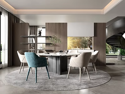 Modern Restaurant Interior With Teal Chairs Dining Table Round Rug And Wooden Walls 3d model