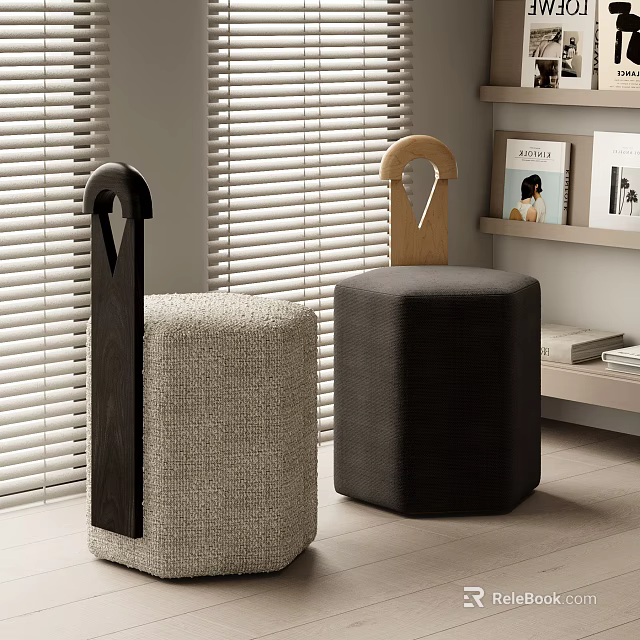 Two Stylish Accent Chairs With Gray Woven Texture And Black Fabric Wooden Handle By Window Blinds And Shelf 3d model 