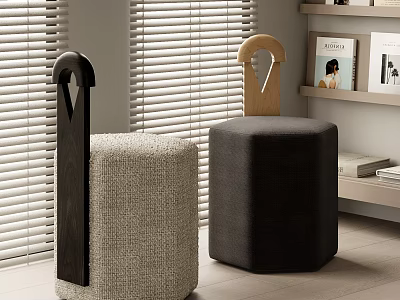 Two Stylish Accent Chairs With Gray Woven Texture And Black Fabric Wooden Handle By Window Blinds And Shelf 3d model