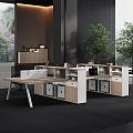Modern Office Desk With Open Layout Multiple Workstations White And Light Wood Finish