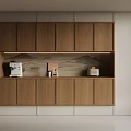 Modern Wooden Sideboard Design With Upper And Lower Cabinets Open Shelf And Decorative Items