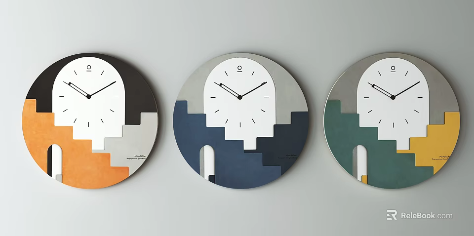 Three Circular Wall Mounted Clocks With Geometric Dials And Gray Blue Green Decorative Elements 3d model