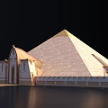 Modern Pyramid Tower Exterior Design With Adjacent Buildings And Water Reflection