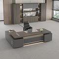 Modern Office Desk Featuring Wooden Top Gray Frame Laptop Flower Office Supplies And Natural Light