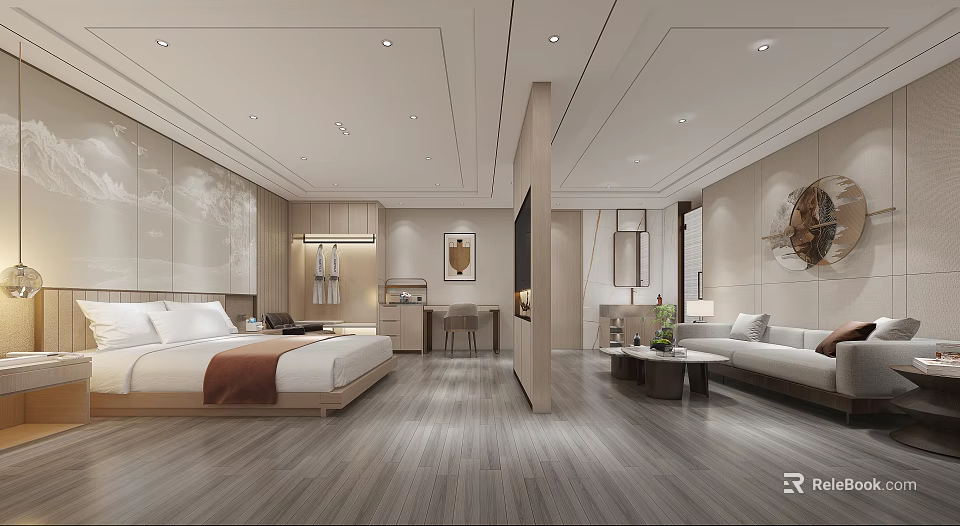 Modern Minimalist Hotel Guest Room Interior With Comfortable Bed Sofa Wooden Flooring And Decorative Lighting 3d model 