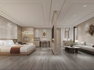 Modern Minimalist Hotel Guest Room Interior With Comfortable Bed Sofa Wooden Flooring And Decorative Lighting 3d model