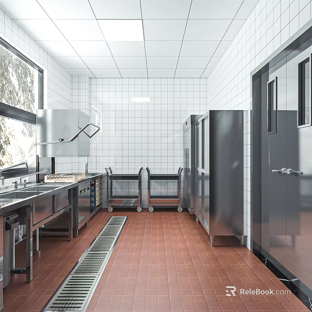 Functional Commercial Kitchen Interior With Stainless Steel Equipment White Tiled Walls Workstations And Red Tiled Flooring 3d model 