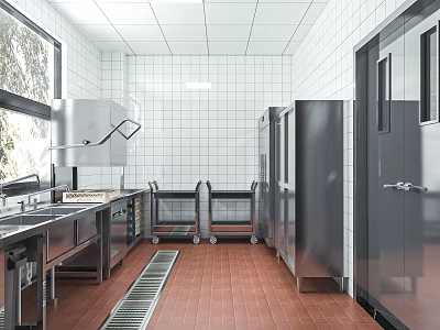 Functional Commercial Kitchen Interior With Stainless Steel Equipment White Tiled Walls Workstations And Red Tiled Flooring 3d model