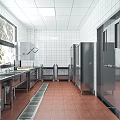Functional Commercial Kitchen Interior With Stainless Steel Equipment White Tiled Walls Workstations And Red Tiled Flooring