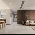 Modern Open Living and Dining Room With Wood Accents TV Wall White Tiles Pendant Lights