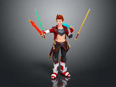 3D Fantasy Character Holding Multiple Swords With Red Coat Brown Hair And White Boots 3d model