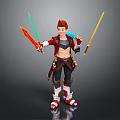 3D Fantasy Character Holding Multiple Swords With Red Coat Brown Hair And White Boots